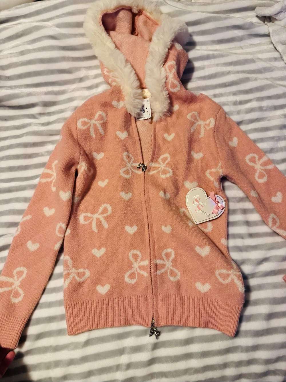 Sweet Storm Pink Bow & Heart Faux-Fur Hooded Zip Sweater